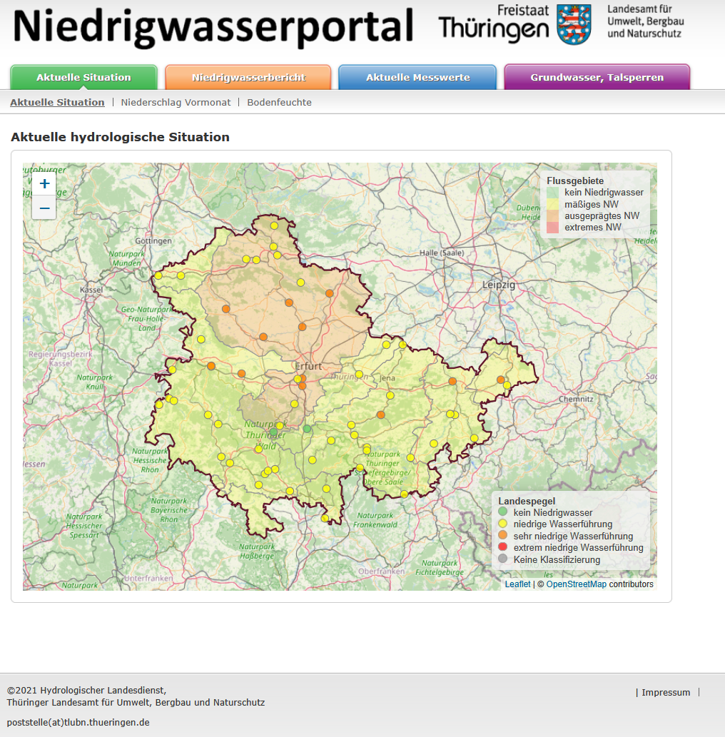 Screenshot des bisherigen Niedrigwasserportals