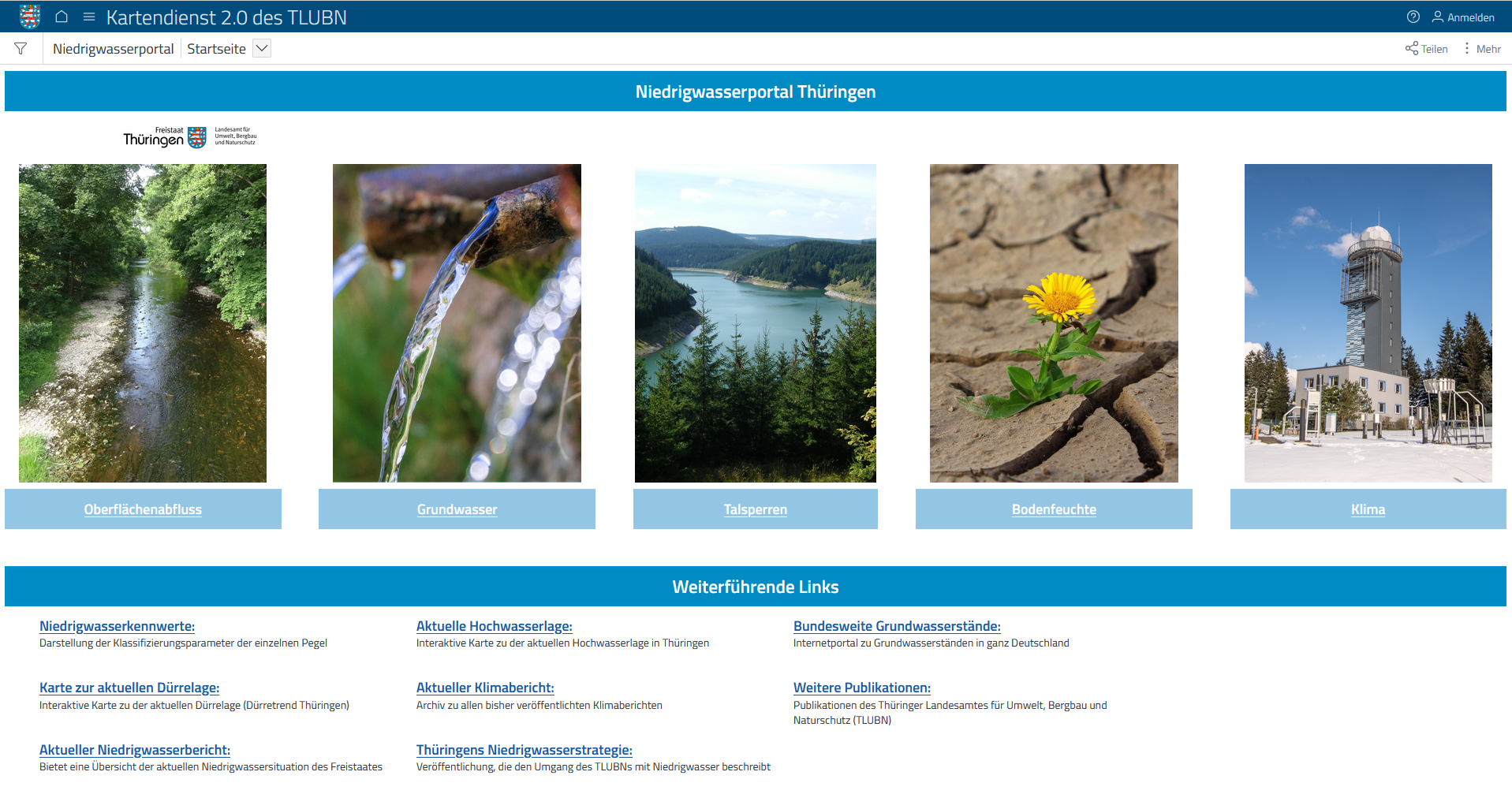 Screenshot des neuen Niedrigwasserportals